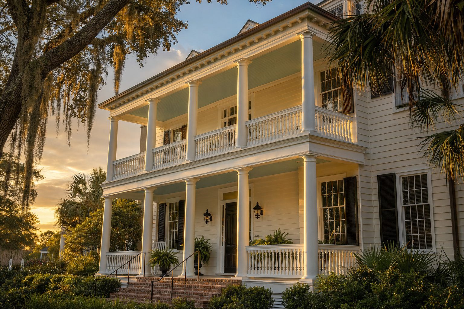 A Charleston Lowcountry home with a double porch, white columns and a haint-blue porch ceiling in warm golden-hour light.